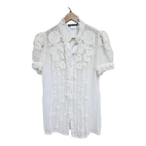 Peruvian connection sheer cream silk ribbon floral blouse 4